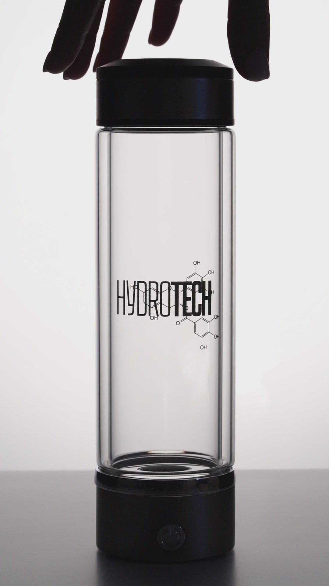 Hydrotech hydrogen water bottle with black lid shown against white background