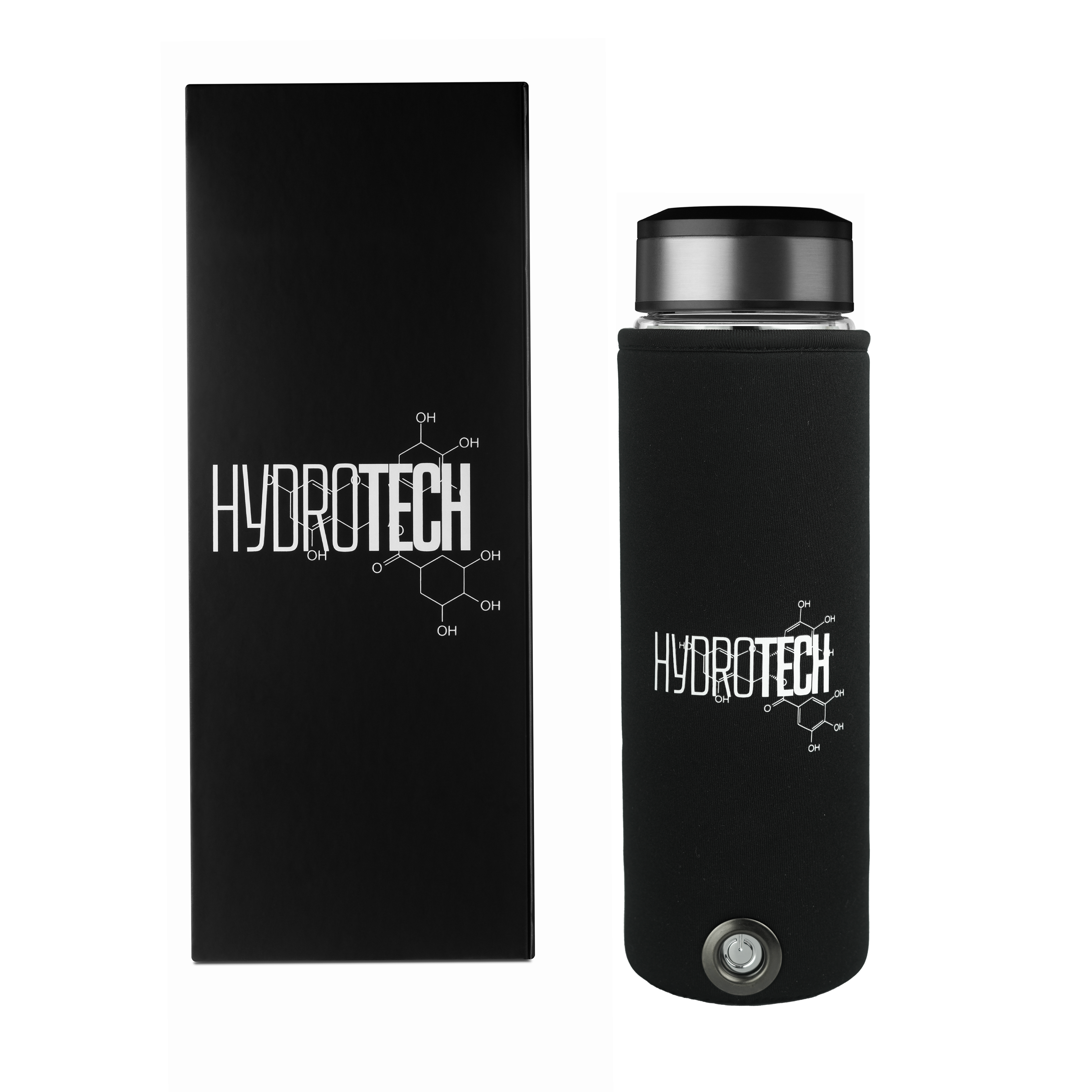 Hydrotech hydrogen water bottle fitted inside neoprene case with packaging
