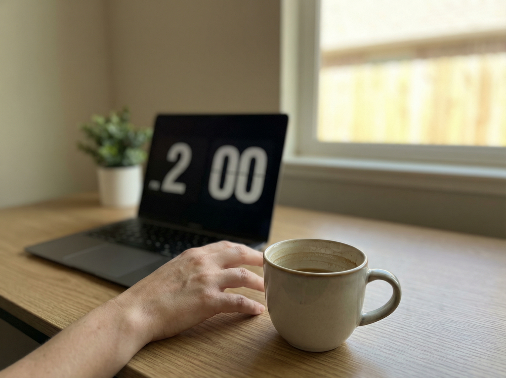 Coffee mug on a desk next to a laptop showing 2:00 PM