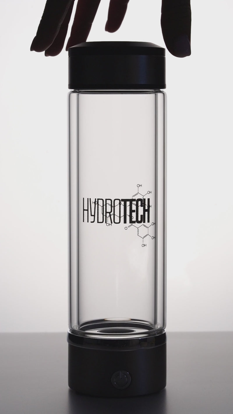 Hydrotech hydrogen water bottle with black lid shown against white background