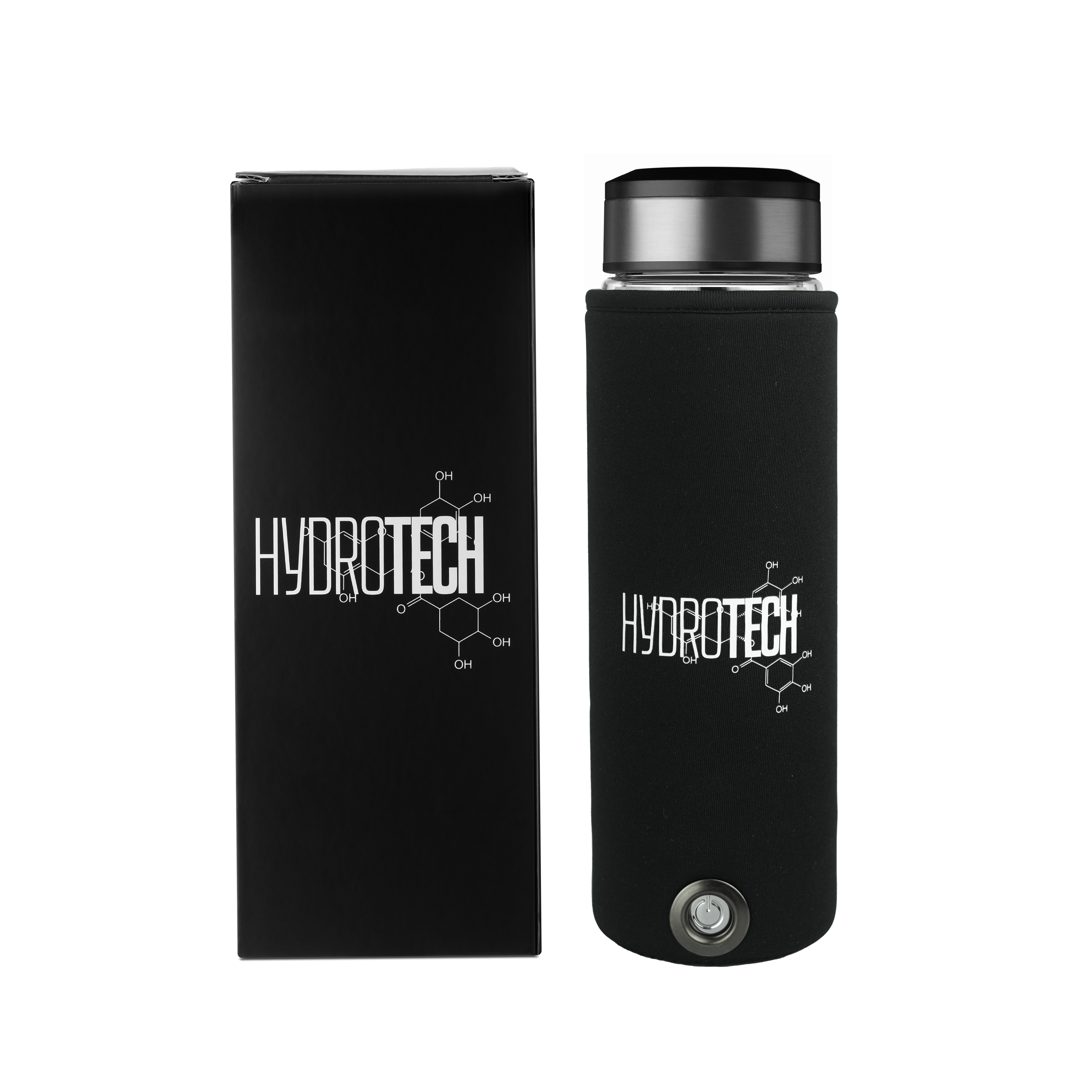 Hydrotech hydrogen water bottle in neoprene case next to branded black packaging